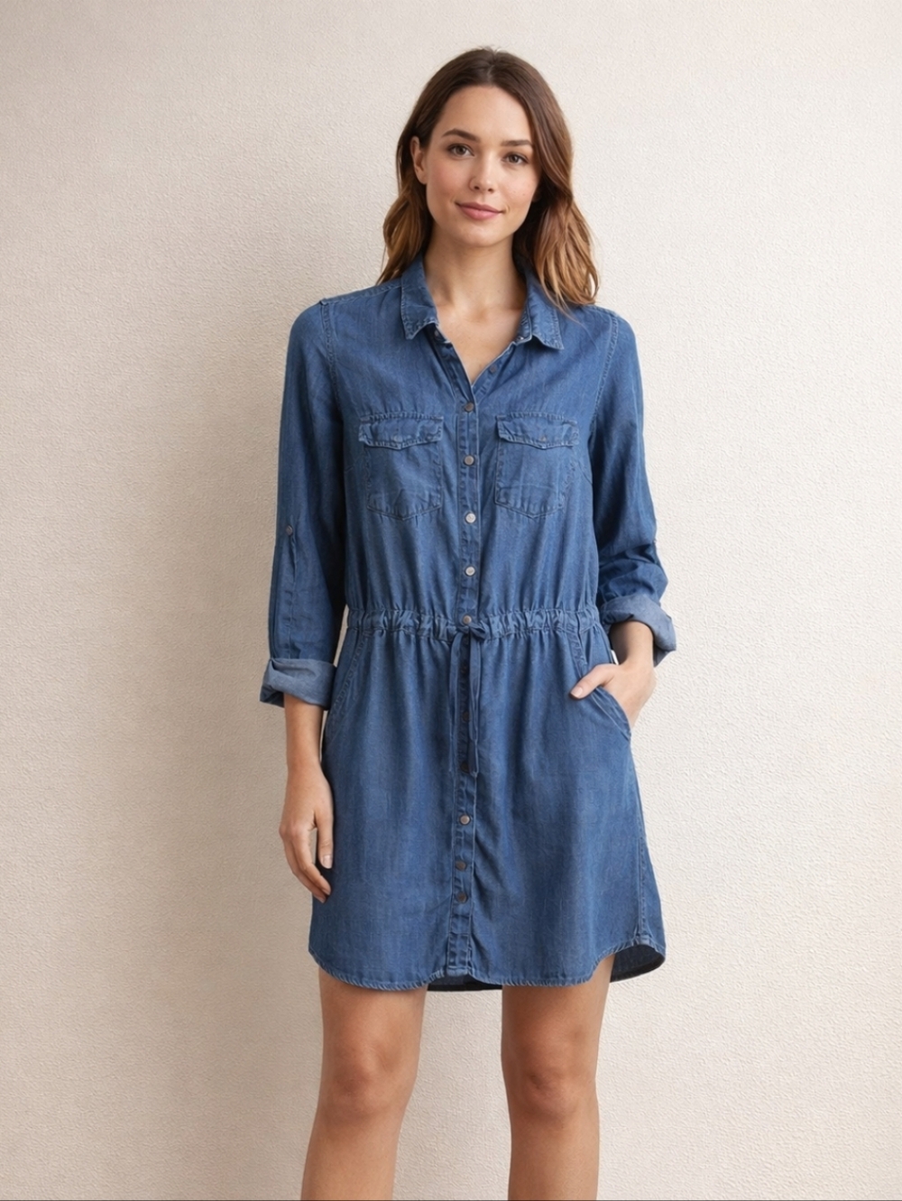 Just Living | TENCEL Lyocell Chambray Dress Blue Utility Shirt Dress Casual Chic